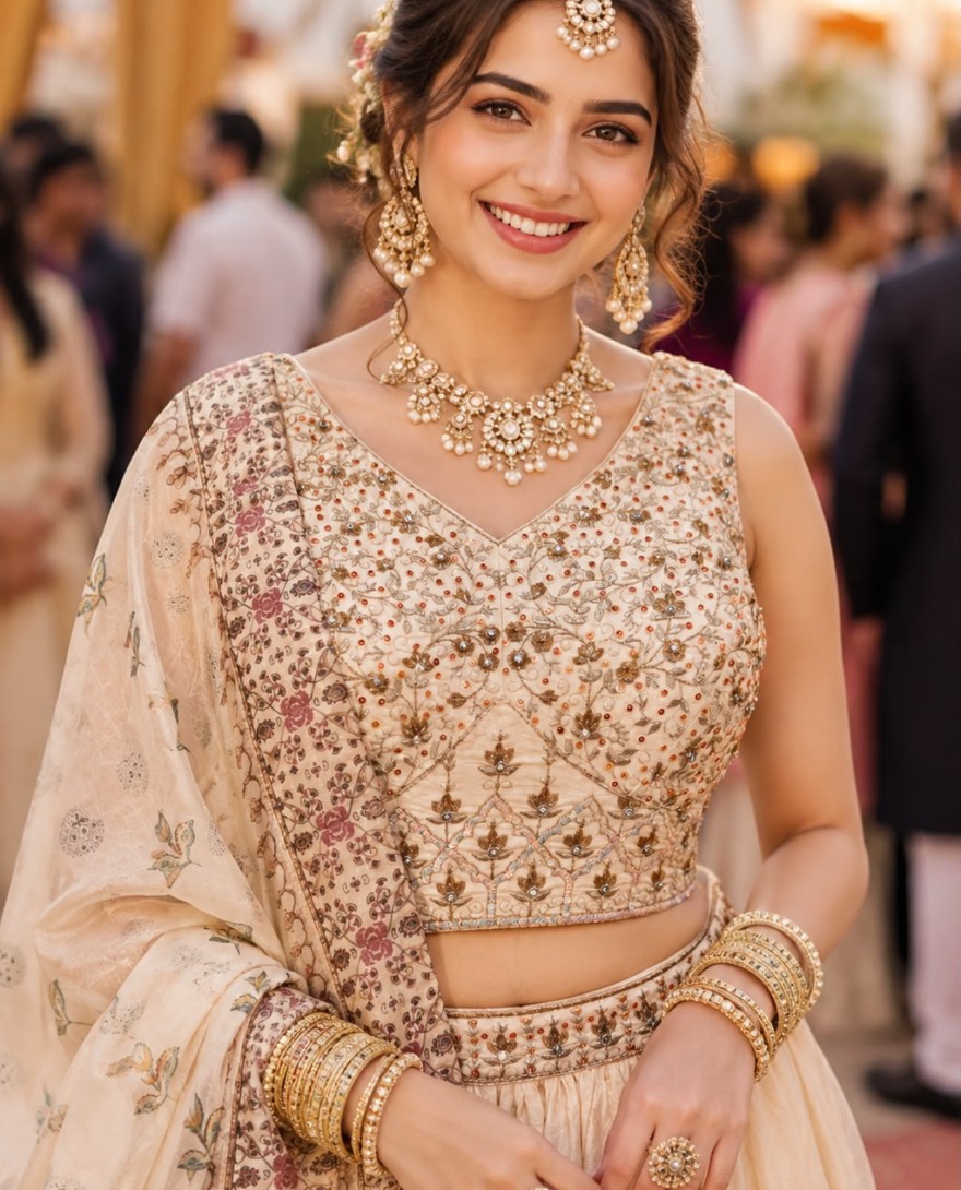 CREAM - Cream Tissue Lehenga Choli with Embroidered and Zari Work